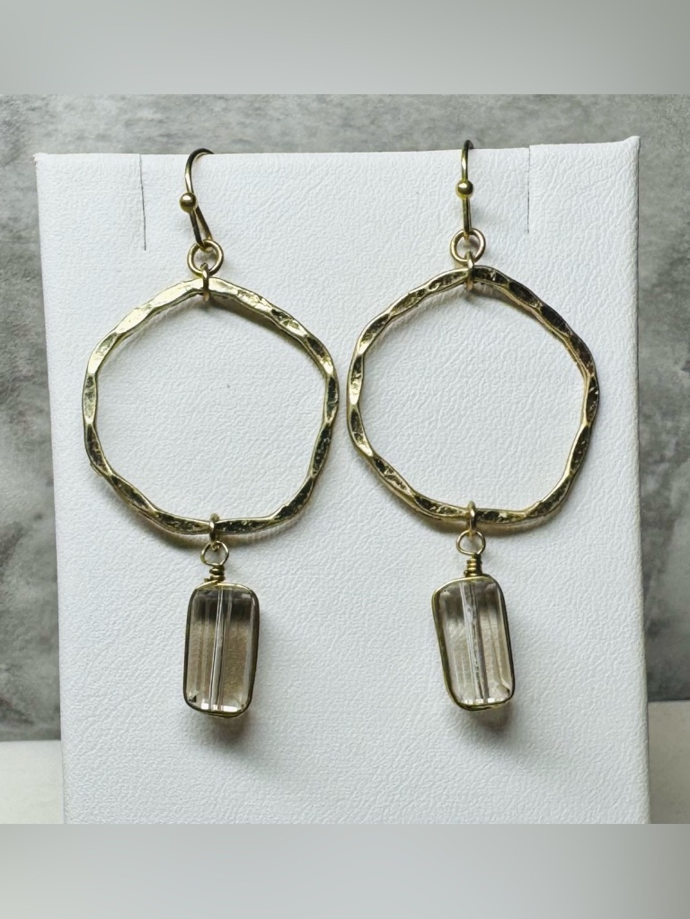 Gold Tone Hammered Circle Drop Earrings Clear Faceted Crystal Dangle